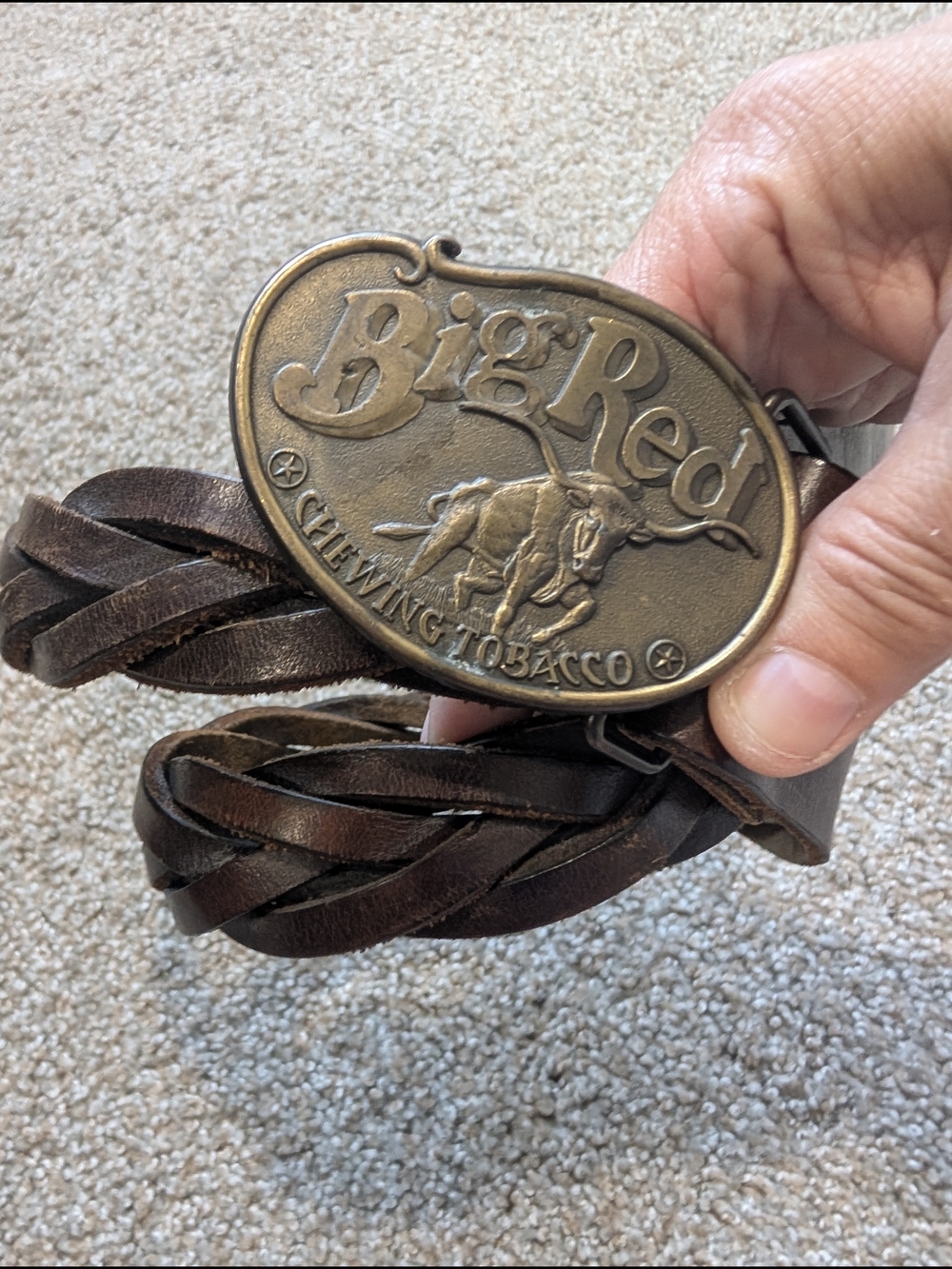 Western Cowboy Vintage Big Red Chewing Tobacco Belt Buckle Braided Brown Leather